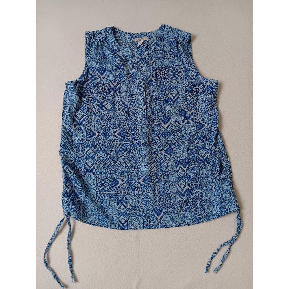 Croft & Barrow Blue Geometric Tunic Blouse Womens PM Sleeveless V-Neck Pockets‎